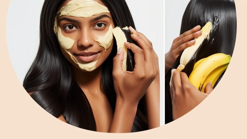 Indian woman applying banana hair mask - sectioning technique for even coverage